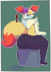 Rule 34 | 1girl, absurdres, animal ear fluff, animal ears, animal hands, ass, blonde hair, boiful, border, bow, box, braixen, closed mouth, creatures (company), fang, female focus, fox ears, fox tail, freckles, from behind, full body, furry, furry female, game freak, gen 6 pokemon, green background, hair bow, happy, heart, heart in eye, highres, huge ass, looking back, looking to the side, nintendo, outline, pawpads, pokemon, pokemon (creature), purple bow, purple eyes, simple background, sitting, smile, solo, stick, symbol in eye, tail, thick thighs, thighs, white border, white outline