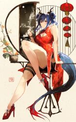 Rule 34 | 1girl, absurdres, arknights, bead bracelet, beads, black shorts, blue hair, bracelet, breasts, ch&#039;en (ageless afterglow) (arknights), ch&#039;en (arknights), china dress, chinese clothes, cleavage, cleavage cutout, clothing cutout, double bun, dragon girl, dragon horns, dragon tail, dress, fur-tipped tail, hair between eyes, hair bun, hand up, highres, horns, jewelry, lantern, large breasts, looking at viewer, official alternate costume, plant, potted plant, red dress, red eyes, shorts, sidelocks, sitting, sleeveless, sleeveless dress, solo, tail, thighs, yuki flourish