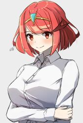 Rule 34 | 1girl, absurdres, arm under breasts, blush, breasts, closed mouth, collared shirt, commentary request, dress shirt, flying sweatdrops, grey background, headpiece, highres, kanuici336, long sleeves, looking at viewer, medium breasts, pyra (xenoblade), red eyes, red hair, shirt, short hair, simple background, smile, solo, upper body, white shirt, xenoblade chronicles (series), xenoblade chronicles 2
