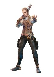 Rule 34 | 00s, 1boy, balflear, belt, black pants, blonde hair, bracelet, earrings, final fantasy, final fantasy xii, full body, gesture, gun, highres, ivalice alliance, jewelry, leather, leather pants, looking at viewer, male focus, official art, pants, ring, shirt, solo, standing, transparent background, vest, weapon, white background, white shirt