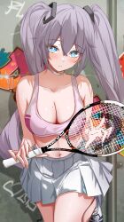 Rule 34 | 1girl, absurdres, alternate costume, azur lane, bare arms, bare shoulders, blue eyes, breasts, bright pupils, choker, cleavage, closed mouth, collarbone, crop top, grey hair, highres, holding, intrepid (azur lane), large breasts, leg up, long hair, looking at viewer, midriff, miniskirt, mole, mole on breast, navel, pleated skirt, racket, shirt, shoes, skirt, sleeveless, sleeveless shirt, sneakers, solo, sports bra, stomach, tennis racket, thighs, twintails, vayneeeee, very long hair, white choker, white skirt