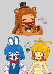 3girls :3 absurdres animal_ears bear_ears bear_girl blonde_hair blood blood_on_face blush_stickers bow bowtie breasts brown_hair cleavage closed_eyes colored_skin commentary_request crop_top dark-skinned_female dark_skin extra_ears fish five_nights_at_freddy&#039;s five_nights_at_freddy&#039;s_2 food genderswap genderswap_(mtf) grey_background hat highres humanization licking_lips long_hair midriff minami_(mnm-kyk) multiple_girls navel open_mouth rabbit_ears rabbit_girl short_hair tongue tongue_out top_hat toy_bonnie toy_chica toy_freddy translation_request vest yellow_skin