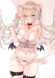 Rule 34 | 1girl, :o, animal ear fluff, animal ears, bare shoulders, bat wings, black bow, blonde hair, blue eyes, blush, bow, bow panties, breasts, bustier, cat ears, cat tail, collar, collarbone, commentary request, cowboy shot, demon wings, eyelashes, fang, gloves, gluteal fold, hair between eyes, half gloves, highleg, highleg panties, highres, holding tail, large breasts, legs together, long hair, looking at viewer, low wings, navel, neco meito, open mouth, original, panties, paw print, pulled by self, sidelocks, signature, skin fang, skindentation, solo, spaghetti strap, standing, strap pull, tail, thigh gap, thigh strap, thighs, twintails, underwear, white gloves, wings