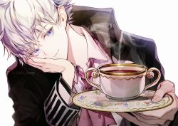 Rule 34 | 1boy, ascot, black coat, blue eyes, charles-henri sanson (fate), cheek rest, closed mouth, coat, collared shirt, cup, fate/grand order, fate (series), hair between eyes, hand up, highres, holding, holding plate, koshika rina, long sleeves, looking at viewer, male focus, pink ascot, plate, shirt, short hair, simple background, smile, solo, steam, tea, teacup, twitter username, upper body, white background, white hair, white shirt