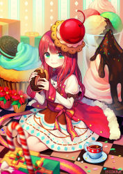 Rule 34 | 1girl, blush, box, candy, candy cane, cherry, chocolate syrup, cookie, cup, cupcake, doughnut, dress, eating, food, fruit, gift, gift box, green eyes, hat, ice cream, lips, long hair, long sleeves, original, oversized object, plate, red hair, ruk (spi1116), sitting, smile, solo, sprinkles, sweets