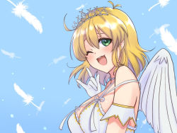 Rule 34 | 1girl, :3, ahoge, angel wings, blonde hair, blue background, blush, breasts, detached sleeves, dress, feathers, frilled dress, frills, gloves, hand gesture, heterochromia, jewelry, large breasts, lemonrou, looking to the side, necklace, one eye closed, open mouth, pearl necklace, raised eyebrows, ribbon, ryouna (senran kagura), senran kagura, short hair, sideboob, simple background, solo, spaghetti strap, tiara, white dress, white gloves, white ribbon, white wings, wings