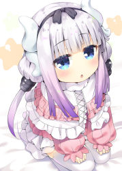 Rule 34 | 10s, 1girl, asa (swallowtail), beads, blue eyes, dress, from above, hair beads, hair ornament, hairband, highres, horns, kanna kamui, kobayashi-san chi no maidragon, long hair, looking up, open mouth, pink dress, ribbon, silver hair, sitting, solo, thighhighs, twintails, white thighhighs