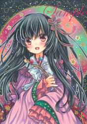Rule 34 | 1girl, :d, black hair, bow, bowtie, branch, cowboy shot, flower, frilled bowtie, frilled shirt collar, frilled skirt, frilled sleeves, frills, hair between eyes, hair flower, hair ornament, hair ribbon, holding, holding branch, houraisan kaguya, jeweled branch of hourai, leaf print, long hair, long sleeves, looking at viewer, marker (medium), open mouth, pink shirt, print skirt, red eyes, red skirt, ribbon, rui (sugar3), sample watermark, shirt, skirt, sleeves past fingers, sleeves past wrists, smile, solo, touhou, traditional media, very long hair, watermark, white bow, white bowtie, wide sleeves