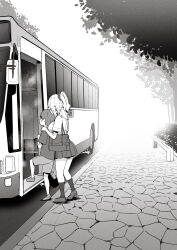 Rule 34 | 1boy, 1girl, absurdres, bag, blush, bus, child, commentary request, greyscale, hands on another&#039;s shoulders, highres, monochrome, motor vehicle, original, outdoors, road, school bag, school uniform, sidewalk, sky-freedom, tree