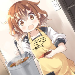Rule 34 | 10s, 1girl, apron, brown eyes, brown hair, curry, darkside, fang, food, hair ornament, hairclip, ikazuchi (kancolle), kantai collection, long hair, open mouth, saucer, school uniform, serafuku, short hair, sleeves pushed up, smile, solo