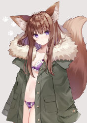 Rule 34 | 1girl, absurdres, animal ears, bra, breasts, brown hair, buttons, cleavage, collarbone, commentary request, cowboy shot, fox ears, fox girl, fox tail, fur collar, gradient hair, green jacket, groin, highres, jacket, kotamun, long hair, long sleeves, looking at viewer, multicolored hair, navel, open clothes, open jacket, original, panties, parted lips, purple bra, purple eyes, purple panties, small breasts, solo, stomach, tail, tail raised, underwear