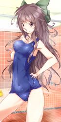 Rule 34 | 1girl, bad hands, bad id, bad pixiv id, bad proportions, bath, bathroom, brown hair, female focus, hand on own hip, highres, long hair, memanasanori, one-piece swimsuit, red eyes, reiuji utsuho, school swimsuit, shiny clothes, skindentation, smile, solo, swimsuit, touhou
