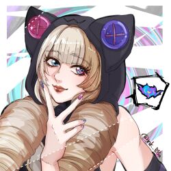 Rule 34 | 1girl, bare shoulders, black hood, blue eyes, brown hair, closed mouth, detached sleeves, green eyes, grey hair, gwen (league of legends), hand up, highres, hood, hood up, league of legends, looking at viewer, multicolored background, nail polish, nkbba, pink nails, smile, solo, soul fighter gwen, speech bubble, upper body, v, white background
