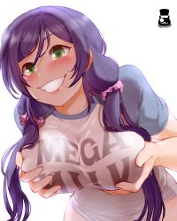 Rule 34 | 1girl, artist name, blouse, blush, breasts, clenched teeth, clothes writing, grabbing, grabbing own breast, green eyes, grin, hair ornament, hair scrunchie, large breasts, leaning forward, long hair, looking at viewer, love live!, love live! school idol festival, love live! school idol project, mega milk, meme, meme attire, mr.takealook, purple hair, scrunchie, shirt, short shorts, shorts, simple background, smile, solo, standing, swept bangs, teeth, tojo nozomi, twintails, upper body, white background, white shirt