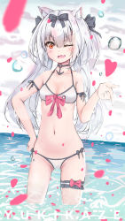 Rule 34 | 1girl, anchor necklace, animal ears, azur lane, bikini, bubble, cat ears, collarbone, day, hair between eyes, hair ribbon, hand on own hip, highres, jewelry, long hair, looking at viewer, machine soba, navel, necklace, ocean, one eye closed, orange eyes, ribbon, sky, solo, standing, swimsuit, thigh strap, twintails, wading, white bikini, white hair, yukikaze (azur lane)