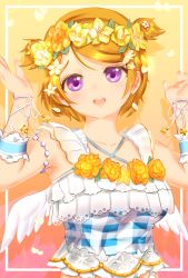 Rule 34 | 1girl, alternate hairstyle, angel wings, aqua bow, aqua dress, arm ribbon, artist name, artist request, bare shoulders, blush, bow, breasts, brown hair, cleavage, close-up, collarbone, criss-cross halter, detached arm, dress, female focus, fleur reve (love live!), flower, flower dress, flower hair ornament, flower print, flower wreath, frilled dress, frilled shirt collar, frills, gem, hair between eyes, hair flower, hair ornament, halterneck, head wreath, highres, jewelry, koizumi hanayo, leaf hair ornament, looking at viewer, love live!, love live! school idol festival, love live! school idol festival all stars, love live! school idol project, medium breasts, orange background, orange flower, outstretched arms, parted lips, pearl (gemstone), petals, plaid, plaid dress, pleated, pleated dress, purple eyes, ribbon, short hair, short twintails, sleeveless, sleeveless dress, smile, solo, spread arms, star (symbol), star hair ornament, striped bow, striped ribbon, twintails, two side up, upper body, white flower, white ribbon, white wings, wing hair ornament, wings, yellow flower