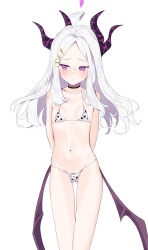 1girl absurdres ahoge animal_print bikini black_halo blue_archive blush breasts closed_mouth collarbone commentary_request cow_print cow_print_bikini demon_wings gluteal_fold halo highres hina_(blue_archive) horns long_hair low_wings micro_bikini navel print_bikini purple_eyes simple_background small_breasts solo standing swimsuit white_background white_hair wings xochi_(nueeen6978)