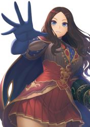 Rule 34 | 1girl, absurdres, blue eyes, blue gloves, blush, breasts, brown dress, brown hair, dress, elbow gloves, fate/grand order, fate (series), forehead, gloves, highres, large breasts, leonardo da vinci (fate), long hair, looking at viewer, parted bangs, puff and slash sleeves, puffy short sleeves, puffy sleeves, ranma (kamenrideroz), red skirt, short sleeves, simple background, skirt, white background
