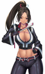 1girl black_gloves black_pants breasts brown_eyes brown_hair cleavage fatal_fury gloves highres large_breasts long_hair long_sleeves looking_at_viewer midriff navel pants ponytail shiranui_mai simple_background solo street_fighter street_fighter_6 takanashi-a white_background