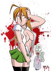 Rule 34 | breasts, highschool of the dead, large breasts, miyamoto rei, open clothes, open shirt, orange hair, shirt, thighhighs, torn clothes, zombie