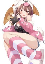 Rule 34 | 1girl, :d, absurdres, animal hood, black choker, black shirt, blue shorts, blush, breasts, brown hair, choker, commentary request, croissant, feet out of frame, food, hair between eyes, handheld game console, hands up, highres, holding, holding handheld game console, hololive, hood, inugami korone, inugami korone (loungewear), jacket, kneehighs, legs, long hair, long sleeves, medium breasts, nail polish, nintendo switch, off shoulder, official alternate costume, open clothes, open jacket, open mouth, pink jacket, pink nails, print shirt, red eyes, shin no tenpii, shirt, short shorts, shorts, simple background, sleeveless, sleeveless shirt, slippers, smile, socks, solo, striped clothes, striped socks, tail, virtual youtuber, white background, white footwear