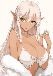 Rule 34 | 1girl, bare shoulders, blush, bra, breasts, cleavage, commentary, commentary request, dark-skinned female, dark skin, fur, gem, hair ornament, large breasts, long hair, looking at viewer, morisawa haruyuki, open mouth, original, pearl (gemstone), perl, pointy ears, shiny skin, silver hair, simple background, solo, underwear, upper body, white background, white bra, yellow eyes