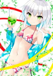 Rule 34 | 1girl, absurdres, bare shoulders, bikini, blue jacket, blush, breasts, cherry, closed mouth, collarbone, commentary request, cup, cupping glass, drink, drinking glass, drinking straw, floral print, food, fruit, green eyes, hair between eyes, halterneck, hand up, highres, jacket, long hair, melon soda, odeclea, off shoulder, open clothes, open jacket, original, print bikini, red bikini, sidelocks, silver hair, small breasts, smile, solo, sparkle, swimsuit, white background