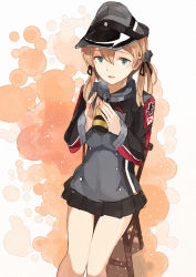 Rule 34 | 10s, 1girl, :d, absurdres, anchor hair ornament, bad id, bad pixiv id, black ribbon, black skirt, blonde hair, blue eyes, blush, buttons, collar, cross, hair between eyes, hair ornament, hair ribbon, hat, highres, holding, holding behind back, iron cross, kanmiya shinobu, kantai collection, long hair, long sleeves, looking at viewer, machinery, military, military uniform, miniskirt, open mouth, orange background, parted lips, peaked cap, pleated skirt, prinz eugen (kancolle), ribbon, shiny clothes, simple background, skirt, smile, solo, standing, thigh gap, tsurime, twintails, two-tone background, uniform, white background