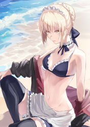 Rule 34 | 1girl, absurdres, armpits, artoria pendragon (all), artoria pendragon (alter swimsuit rider) (fate), artoria pendragon (alter swimsuit rider) (second ascension) (fate), artoria pendragon (fate), beach, bell, bikini, black bikini, black thighhighs, blonde hair, breasts, commentary request, eyes visible through hair, fate/grand order, fate (series), hair between eyes, highres, jacket, looking at viewer, maid, maid bikini, maid headdress, mikiton, navel, necktie, ocean, saber alter, short hair, sitting, solo, swimsuit, thighhighs, thighs, tongue, tongue out, unconventional maid, yellow eyes