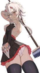 Rule 34 | 1girl, absurdres, alternate costume, azur lane, black thighhighs, bra, detached sleeves, from below, hand on own hip, highres, holding, holding mop, kinu (azur lane), long hair, looking at viewer, maid, maid headdress, mop, nail polish, panties, pantyshot, pleated skirt, rizzy, skirt, small horns, thighhighs, underwear, wavy mouth, white background, white bra, white hair, white panties