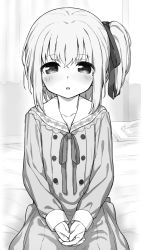 Rule 34 | 1girl, :o, absurdres, bed, bedroom, blush, buttons, child, collarbone, commentary request, dress, fueru nattou, greyscale, hair ribbon, half-closed eyes, highres, indoors, interlocked fingers, keishin academy school uniform, long sleeves, looking at viewer, minato tomoka, mole, mole under eye, monochrome, neck ribbon, on bed, parted lips, phone, ribbon, rou-kyuu-bu!, sailor collar, school uniform, seiza, side ponytail, sidelocks, sitting, sleeve cuffs, solo, straight-on