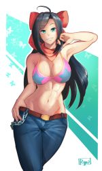 Rule 34 | 1girl, ahoge, armpits, belt, bikini, bikini top only, black hair, bow, breasts, chain, cleavage, commentary, commission, contrapposto, cowboy shot, denim, english commentary, green eyes, grin, groin, hair bow, hand in own hair, highres, jeans, knocks (thinkingfruits), large breasts, lips, long hair, looking at viewer, lowleg, lowleg pants, midriff, navel, original, pants, red bow, red scarf, ryuji (red-truth), scarf, smile, solo, standing, star (symbol), star print, swept bangs, swimsuit, thumb in pocket, toned