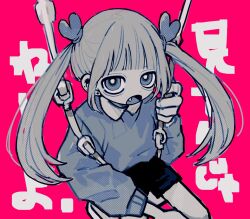 Rule 34 | 1girl, blunt bangs, bright pupils, cowboy shot, earrings, fang, greyscale with colored background, hair ornament, hand up, highres, jewelry, long hair, long sleeves, looking at viewer, open mouth, original, oshio (shioqqq), pink background, shorts, sidelocks, sitting, solo, sweater, swing, translation request, twintails, white pupils