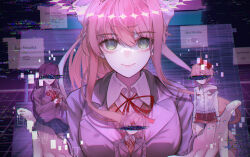 Rule 34 | 1girl, :d, absurdres, blood, breasts, brown hair, closed mouth, collared shirt, doki doki literature club, green eyes, hands up, highres, large breasts, long hair, long sleeves, looking at viewer, monika (doki doki literature club), natsuki (doki doki literature club), neck ribbon, open mouth, ponytail, red ribbon, ribbon, sayori (doki doki literature club), shirt, smile, solo focus, upper body, wny (wnys art), yuri (doki doki literature club)
