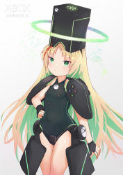 Rule 34 | 1girl, absurdres, black gloves, black hat, black leotard, blonde hair, breasts, closed mouth, commentary request, covered navel, gloves, glowing, gradient background, green eyes, green hair, grey background, hand on own hip, hat, highres, kobi (piliheros2000), leotard, long hair, looking at viewer, multicolored hair, original, parted bangs, partially fingerless gloves, personification, red hair, small breasts, solo, streaked hair, two-tone hair, very long hair, white background, xbox series x