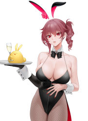 Rule 34 | 1girl, absurdres, alcohol, animal ears, azur lane, bare shoulders, black bow, black bowtie, black leotard, bow, bowtie, breasts, brown hair, champagne, champagne flute, cleavage, collarbone, covered erect nipples, cup, detached collar, drill hair, drinking glass, duca degli abruzzi (azur lane), earrings, female focus, fingernails, fishnet pantyhose, fishnets, glass, highleg, highleg leotard, highres, holding, holding tray, jewelry, large breasts, leotard, looking at viewer, manjuu (azur lane), nail polish, ohisashiburi, pantyhose, playboy bunny, rabbit ears, red eyes, red nails, side drill, side ponytail, simple background, skindentation, solo, tray, white background, wrist cuffs