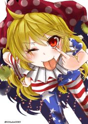 Rule 34 | 1girl, ;p, akanbe, american flag, american flag dress, american flag legwear, american flag print, american flag shirt, bent over, blonde hair, clownpiece, eyelid pull, fox udon, frilled shirt collar, frills, hand on own hip, hat, highres, jester cap, leaning forward, long hair, looking at viewer, neck ruff, one eye closed, pantyhose, polka dot, print pantyhose, print shirt, red eyes, short sleeves, simple background, smile, solo, standing, star (symbol), striped clothes, striped pantyhose, tongue, tongue out, touhou, twitter username, white background