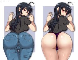 Rule 34 | 1girl, against wall, ahoge, ass, black hair, blush, breasts, cameltoe, chuunibyou demo koi ga shitai!, denim, from behind, huge ass, jeans, large breasts, leaning, leaning forward, long hair, looking at viewer, looking back, m.i.y, pants, red eyes, shiny clothes, shiny skin, sideboob, skin tight, solo, takanashi touka, thong