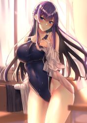 Rule 34 | 1girl, absurdres, bare shoulders, blue eyes, blue one-piece swimsuit, blush, breasts, cleavage, competition swimsuit, cowboy shot, curtains, hair ornament, hairclip, hand on own chest, highleg, highleg swimsuit, highres, indoors, kaerunoashi, large breasts, long hair, long sleeves, looking at viewer, off shoulder, one-piece swimsuit, open clothes, open shirt, original, purple hair, shirt, smile, solo, swimsuit, thighs, white shirt, window