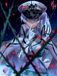Rule 34 | 1girl, arm behind back, artist name, blue eyes, blurry, cape, coconuthound, depth of field, earrings, falling petals, finger to own chin, gloves, hair between eyes, hat, highres, jewelry, long hair, looking at viewer, military hat, military uniform, night, night sky, petals, ponytail, rwby, rwby ice queendom, scar, scar across eye, sky, snow, snowing, solo, star (sky), starry sky, tears, thorns, uniform, weiss schnee, white cape, white gloves, white hair, white hat