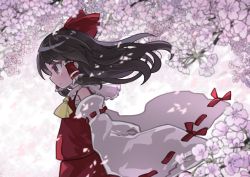 Rule 34 | 1girl, ascot, blouse, blurry, bow, branch, brown eyes, brown hair, cherry blossoms, commentary, depth of field, detached sleeves, flower, frills, from side, hair bow, hair tubes, hakurei reimu, highres, kibisake, long hair, long sleeves, petals, red bow, red shirt, red skirt, ribbon-trimmed sleeves, ribbon trim, sarashi, shirt, skirt, sleeveless, sleeveless shirt, solo, touhou, upper body, wide sleeves, wind, yellow ascot