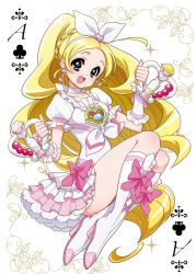 Rule 34 | 10s, 1girl, ace (playing card), ace of clubs, blonde hair, boots, bow, braid, brooch, choker, club (shape), clubs, cure rhythm, fantastic belltier, frills, full body, green eyes, hair bow, hairband, highres, jewelry, knee boots, long hair, magical girl, minamino kanade, playing card, precure, puffy sleeves, skirt, smile, solo, suite precure, white background, white choker, wrist cuffs, zooya