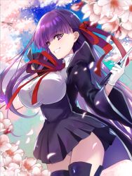 Rule 34 | 1girl, bb (fate), bb (fate/extra), black coat, black skirt, blue sky, blush, breasts, chakku kanda, cherry blossoms, coat, fate/extra, fate/extra ccc, fate (series), gloves, grin, hair ribbon, high-waist skirt, large breasts, leotard, long hair, long sleeves, looking at viewer, neck ribbon, open clothes, open coat, petals, popped collar, purple eyes, purple hair, red ribbon, ribbon, skirt, sky, smile, solo, thighs, very long hair, wand, white gloves, white leotard, wide sleeves