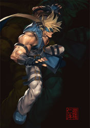 Rule 34 | 1boy, alternate color, alternate hair color, armband, bara, bare shoulders, belt buckle, blonde hair, buckle, covered abs, dynamic pose, fingerless gloves, full body, gloves, guilty gear, harness, headgear, highres, large pectorals, long hair, male focus, muscular, na insoo, open clothes, pectorals, pelvic curtain, ponytail, shiny skin, simple background, sleeveless, sol badguy, solo, spiked hair, tight clothes, yellow eyes