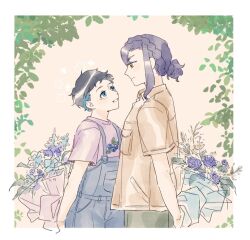 Rule 34 | 2girls, black hair, blue eyes, blue flower, blue hair, bouquet, braid, brown shirt, commentary, crown braid, english commentary, eye contact, flower, gundam, gundam suisei no majo, holding, holding bouquet, looking at another, multicolored hair, multiple girls, nika nanaura, overalls, parted lips, ponytail, purple flower, purple hair, purple shirt, sabina fardin, shirt, short hair, smile, tiku (ttcwf03), two-tone hair, very short hair, yellow eyes, yuri