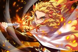 Rule 34 | 1boy, black jacket, black pants, blonde hair, cape, closed mouth, commentary request, ech, eyebrows, fire, flaming sword, flaming weapon, forehead, forked eyebrows, holding, holding sword, holding weapon, jacket, katana, kimetsu no yaiba, long sleeves, male focus, multicolored hair, pants, red hair, rengoku kyoujurou, sheath, solo, sword, two-handed, two-tone hair, unsheathed, v-shaped eyebrows, weapon, white cape, yellow eyes