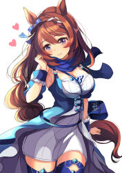 Rule 34 | 1girl, absurdres, animal ears, bare shoulders, between breasts, blue bow, blue dress, blue eyes, blue thighhighs, bow, braid, braided ponytail, breasts, brown hair, cleavage, closed mouth, commentary request, cowboy shot, dress, ear bow, hair between eyes, hanamura pink, heart, highres, horse ears, horse girl, horse tail, juliet sleeves, large breasts, long hair, long sleeves, looking at viewer, multicolored hair, puffy sleeves, simple background, smile, solo, strap between breasts, streaked hair, super creek (umamusume), tail, thighhighs, umamusume, very long hair, white background, white hair, wrist cuffs