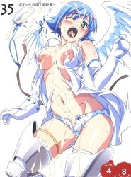 Rule 34 | 00s, 1girl, angel, angel of light nanael, angel wings, armor, armored boots, artbook, asymmetrical wings, bare shoulders, blue hair, blush, boots, bow, bow panties, breast clinging, breasts, dress, elbow gloves, gloves, green eyes, highres, kuuchuu yousai, midriff, milk, miniskirt, nanael (queen&#039;s blade), nanael (queen's blade), navel, no bra, one eye closed, open mouth, panties, polka dot, polka dot panties, queen&#039;s blade, scan, short hair, skirt, solo, suggestive fluid, thighhighs, torn clothes, torn dress, torn panties, underwear, white panties, wings, wink