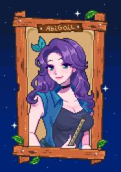 Rule 34 | 1girl, abigail (stardew valley), black choker, black shirt, blue eyes, breasts, character name, choker, cleavage, commentary, english commentary, green eyes, highres, holding, large breasts, leaf, mimpish, nail polish, pixel art, purple hair, shirt, solo, stardew valley, upper body