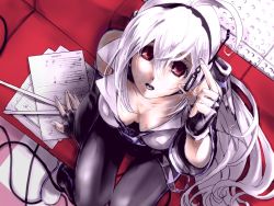 Rule 34 | 1girl, ahoge, bad id, bad pixiv id, black legwear, black pants, breasts, checkered floor, cleavage, couch, detached sleeves, downblouse, drumsticks, fingerless gloves, floor, from above, gloves, headphones, idsuru, long hair, pants, ponytail, red eyes, red upholstery, sheet music, solo, twintails, very long hair, vocaloid, white hair, yowane haku